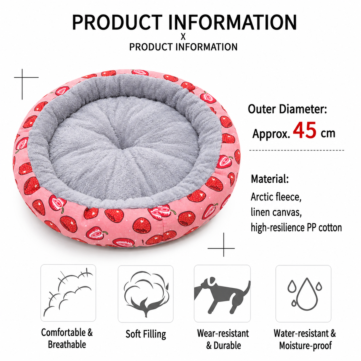 Round Pet Bed for Small Dogs and Cats, Soft Plush Calming Cat Bed with Strawberry Pattern, Cozy Washable Puppy Sleeping Mat, Non Slip Bottom Pet Cushion for Indoor Home Use(Diameter: 45cm) - view 7