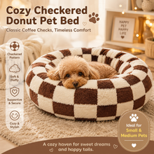 Small Medium Pet Donut Bed (Coffee plaid)-40cm outer diameter, Soft Plush Round Dog Bed and Cat Bed with Raised Rim, Cozy Calming Pet Sleeping Cushion, Checkered Washable Puppy Bed for Indoor Small Dogs Cats and Kittens