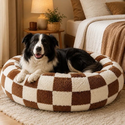 Small Medium Pet Donut Bed (Coffee plaid)-40cm outer diameter, Soft Plush Round Dog Bed and Cat Bed with Raised Rim, Cozy Calming Pet Sleeping Cushion, Checkered Washable Puppy Bed for Indoor Small Dogs Cats and Kittens - view 5