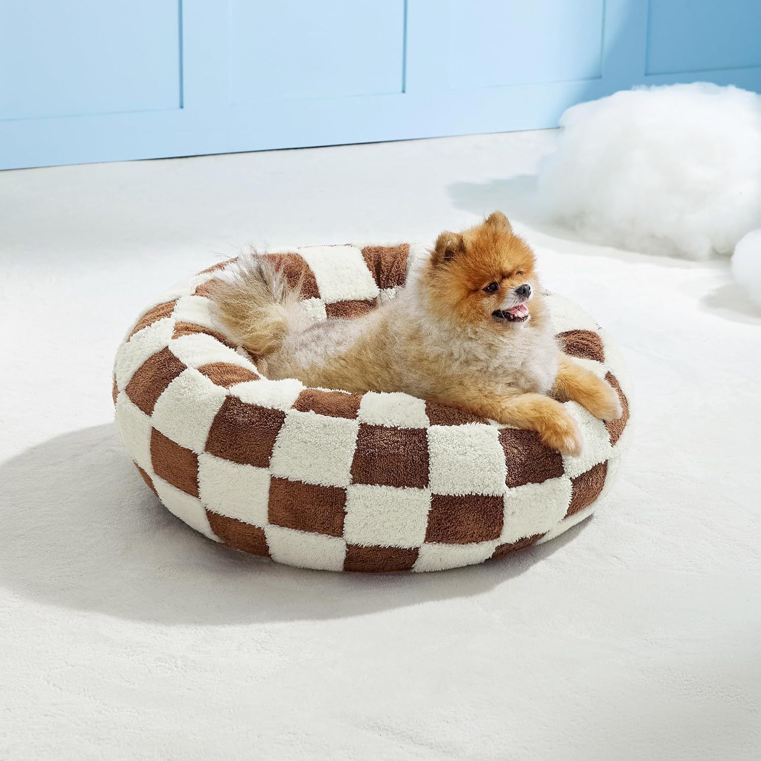 Small Medium Pet Donut Bed (Coffee plaid)-60cm outer diameter, Soft Plush Round Dog Bed and Cat Bed with Raised Rim, Cozy Calming Pet Sleeping Cushion, Checkered Washable Puppy Bed for Indoor Small Dogs Cats and Kittens - view 4