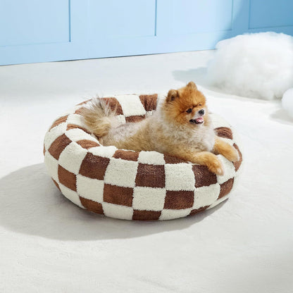 Small Medium Pet Donut Bed (Coffee plaid)-60cm outer diameter, Soft Plush Round Dog Bed and Cat Bed with Raised Rim, Cozy Calming Pet Sleeping Cushion, Checkered Washable Puppy Bed for Indoor Small Dogs Cats and Kittens - view 4