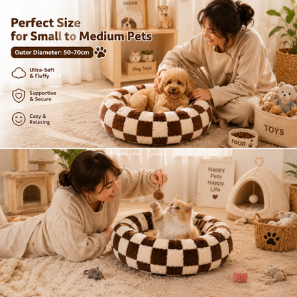 Medium Large Pet Donut Bed (Coffee plaid)-90cm outer diameter, Soft Plush Round Dog Bed and Cat Bed with Raised Rim, Cozy Calming Pet Sleeping Cushion, Checkered Washable Dog Bed for Medium Large Dogs and Cats - view 3
