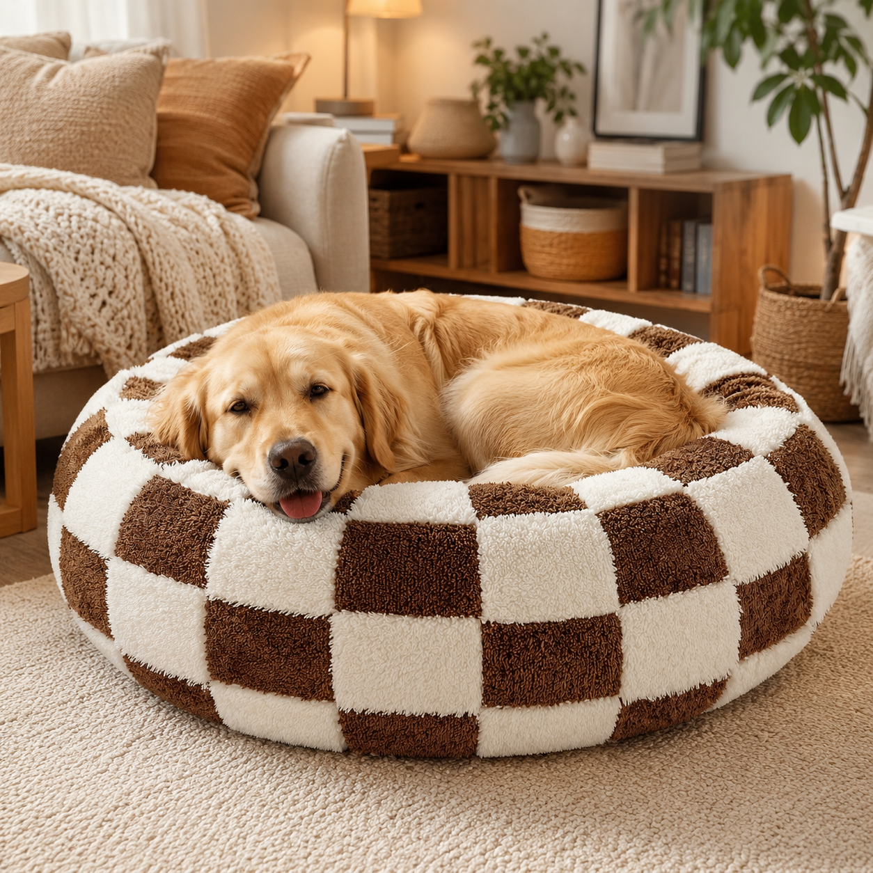 Medium Large Pet Donut Bed (Coffee plaid)-90cm outer diameter, Soft Plush Round Dog Bed and Cat Bed with Raised Rim, Cozy Calming Pet Sleeping Cushion, Checkered Washable Dog Bed for Medium Large Dogs and Cats - view 4
