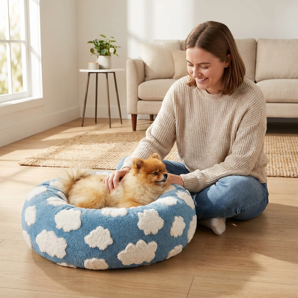 Small Medium Pet Donut Bed-50cm outer diameter, Soft Plush Round Dog Bed and Cat Bed with Raised Rim, Cozy Calming Pet Sleeping Cushion, Blue Cloud Pattern Washable Pet Bed for Small Medium Dogs Cats Puppies and Kittens - view 2