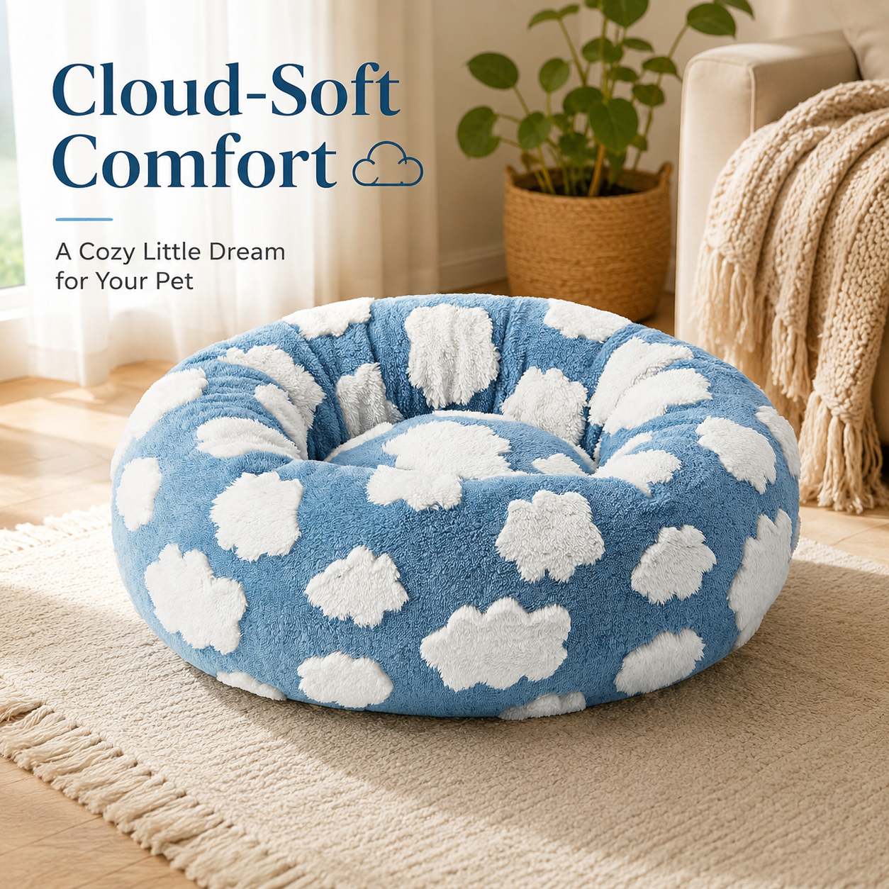 Small Medium Pet Donut Bed-60cm outer diameter, Soft Plush Round Dog Bed and Cat Bed with Raised Rim, Cozy Calming Pet Sleeping Cushion, Blue Cloud Pattern Washable Pet Bed for Small Medium Dogs Cats Puppies and Kittens