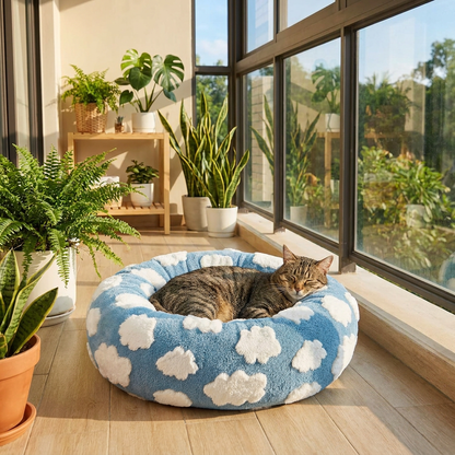 Small Medium Pet Donut Bed-60cm outer diameter, Soft Plush Round Dog Bed and Cat Bed with Raised Rim, Cozy Calming Pet Sleeping Cushion, Blue Cloud Pattern Washable Pet Bed for Small Medium Dogs Cats Puppies and Kittens - view 4