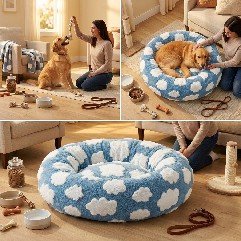 Medium Large Pet Donut Bed (Blue background with white clouds)-70cm outer diameter, Soft Plush Round Dog Bed and Cat Bed with Raised Rim, Cozy Calming Pet Sleeping Cushion, Blue Cloud Pattern Washable Pet Bed for Medium Large Dogs and Cats - view 2