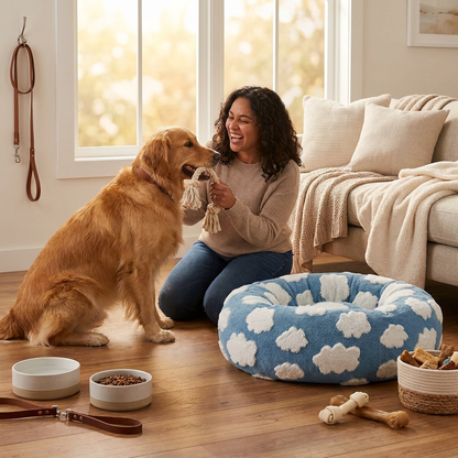 Medium Large Pet Donut Bed (Blue background with white clouds)-90cm outer diameter, Soft Plush Round Dog Bed and Cat Bed with Raised Rim, Cozy Calming Pet Sleeping Cushion, Blue Cloud Pattern Washable Pet Bed for Medium Large Dogs and Cats - view 4