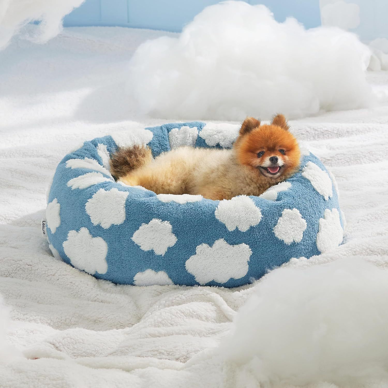 Small Medium Pet Donut Bed-40cm outer diameter, Soft Plush Round Dog Bed and Cat Bed with Raised Rim, Cozy Calming Pet Sleeping Cushion, Blue Cloud Pattern Washable Pet Bed for Small Medium Dogs Cats Puppies and Kittens - view 7