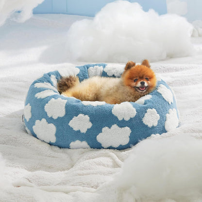Small Medium Pet Donut Bed-40cm outer diameter, Soft Plush Round Dog Bed and Cat Bed with Raised Rim, Cozy Calming Pet Sleeping Cushion, Blue Cloud Pattern Washable Pet Bed for Small Medium Dogs Cats Puppies and Kittens - view 7
