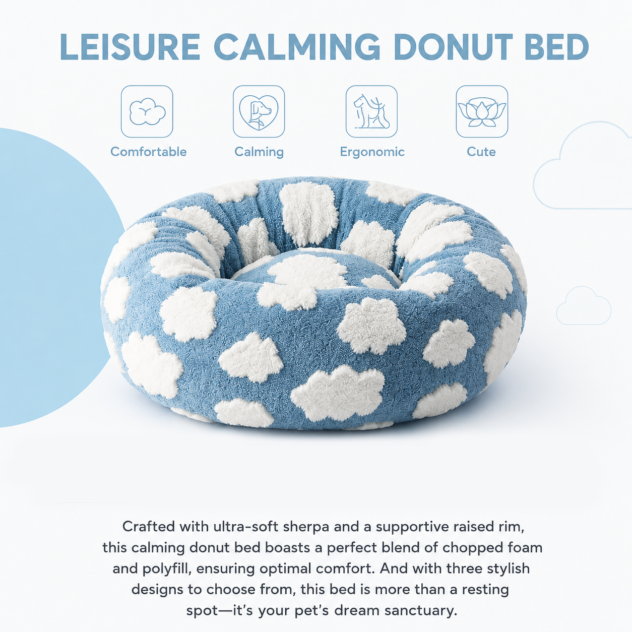 Small Medium Pet Donut Bed-40cm outer diameter, Soft Plush Round Dog Bed and Cat Bed with Raised Rim, Cozy Calming Pet Sleeping Cushion, Blue Cloud Pattern Washable Pet Bed for Small Medium Dogs Cats Puppies and Kittens - view 8