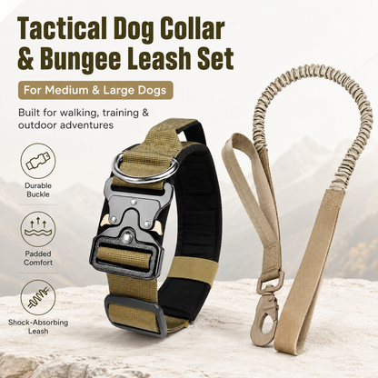 Khaki Tactical Dog Collar and Bungee Lead Set (L size) - Padded Quick Release Collar with Control Handle and Shock Absorbing Leash for Medium and Large Dogs