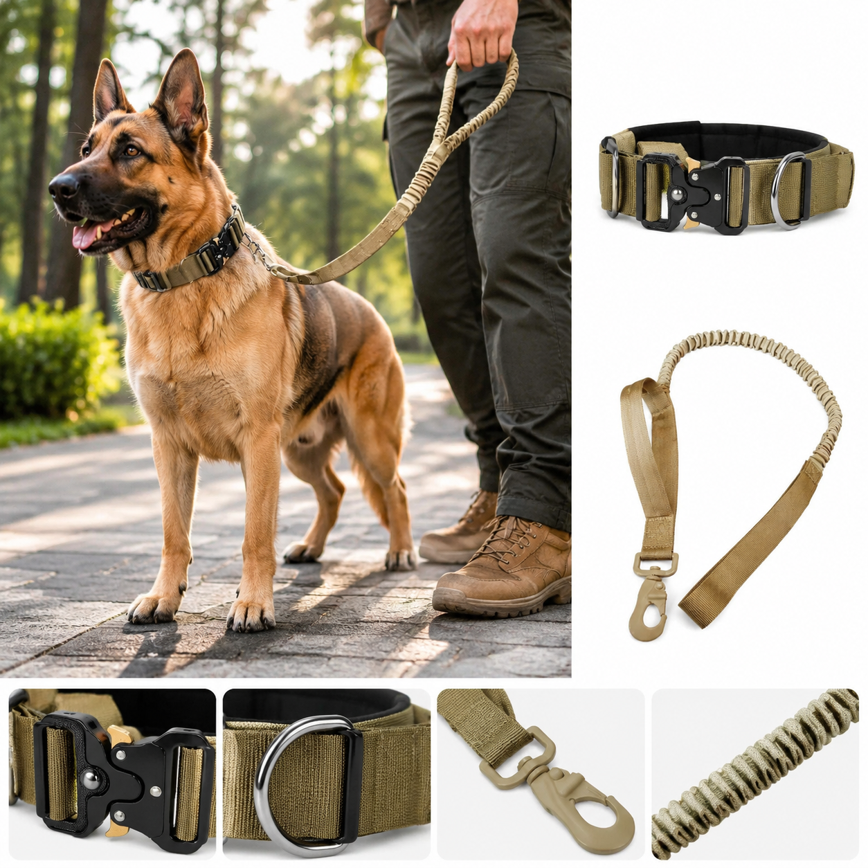Khaki Tactical Dog Collar and Bungee Lead Set (XL size) - Padded Quick Release Collar with Control Handle and Shock Absorbing Leash for Medium and Large Dogs - view 2