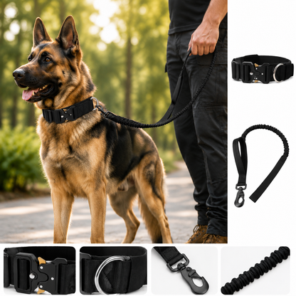 Black Tactical Dog Collar and Bungee Lead Set (M size) - Padded Quick Release Collar with Control Handle and Shock Absorbing Leash for Medium and Large Dogs - view 2