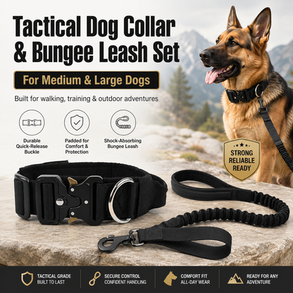 Black Tactical Dog Collar and Bungee Lead Set (L size) - Padded Quick Release Collar with Control Handle and Shock Absorbing Leash for Medium and Large Dogs