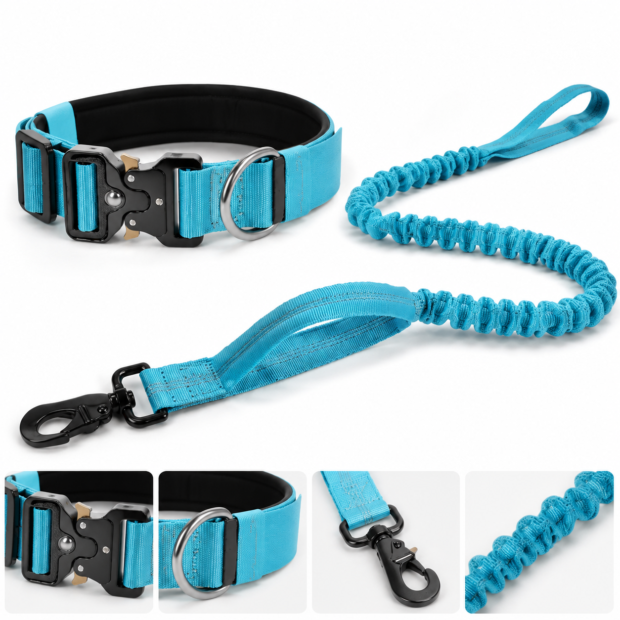 Blue Tactical Dog Collar and Bungee Lead Set (M size) - Padded Quick Release Collar with Control Handle and Shock Absorbing Leash for Medium and Large Dogs - view 2
