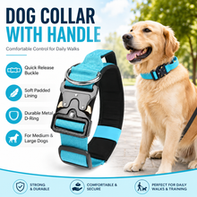 Blue Tactical Dog Collar for Large Dogs (M size)- Wide Padded Nylon Collar with Quick Release Metal Buckle, Control Handle and D-Ring for Walking and Training