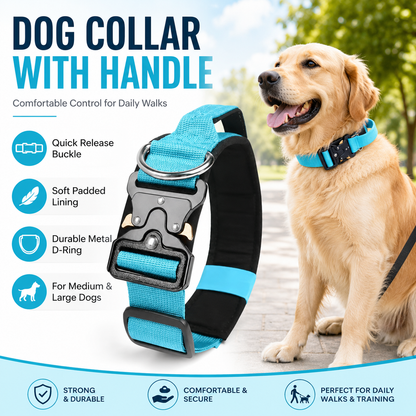 Blue Tactical Dog Collar for Large Dogs (M size)- Wide Padded Nylon Collar with Quick Release Metal Buckle, Control Handle and D-Ring for Walking and Training