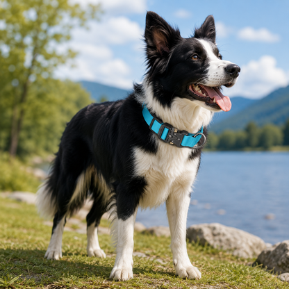 Blue Tactical Dog Collar for Large Dogs (M size)- Wide Padded Nylon Collar with Quick Release Metal Buckle, Control Handle and D-Ring for Walking and Training - view 2