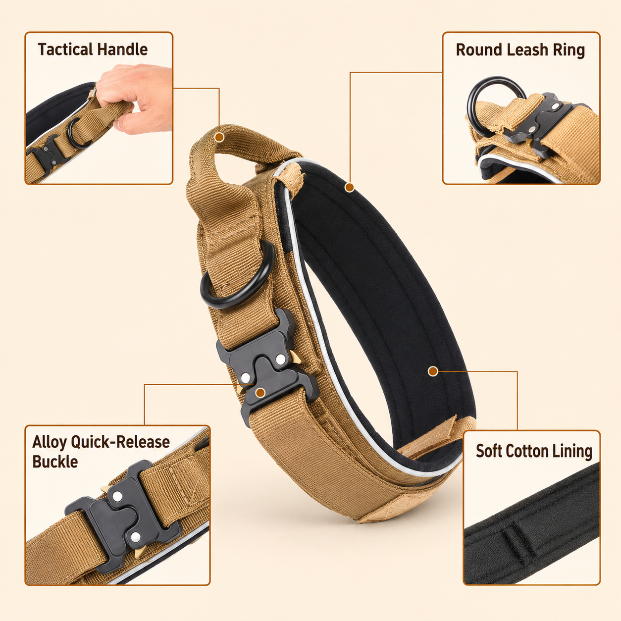 Blue Tactical Dog Collar for Large Dogs (M size)- Wide Padded Nylon Collar with Quick Release Metal Buckle, Control Handle and D-Ring for Walking and Training - view 3