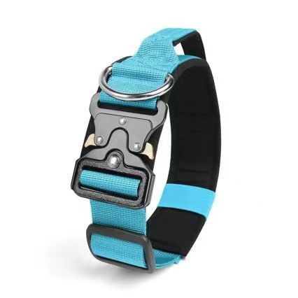 Blue Tactical Dog Collar for Large Dogs (M size)- Wide Padded Nylon Collar with Quick Release Metal Buckle, Control Handle and D-Ring for Walking and Training - view 8