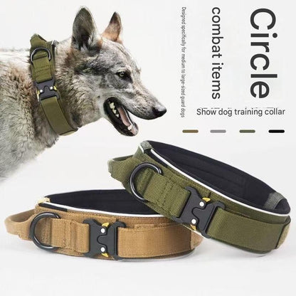 Blue Tactical Dog Collar for Large Dogs (L size)- Wide Padded Nylon Collar with Quick Release Metal Buckle, Control Handle and D-Ring for Walking and Training - view 5