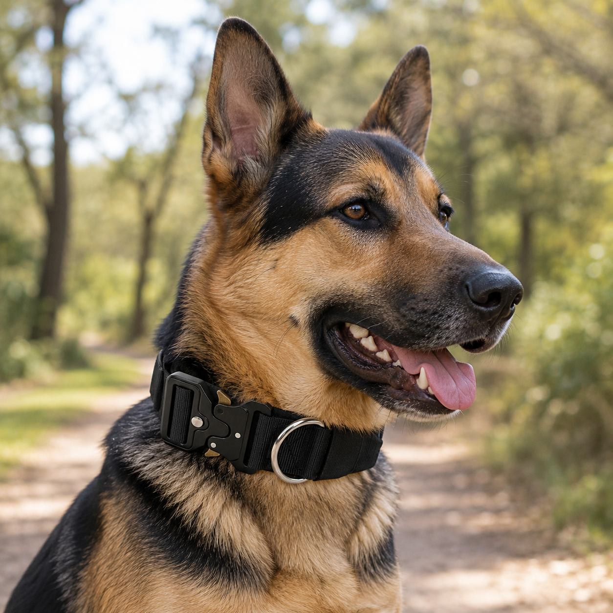 Black Tactical Dog Collar for Large Dogs (M size)- Wide Padded Nylon Collar with Quick Release Metal Buckle, Control Handle and D-Ring for Walking and Training - view 2