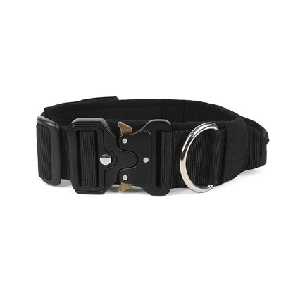 Black Tactical Dog Collar for Large Dogs (M size)- Wide Padded Nylon Collar with Quick Release Metal Buckle, Control Handle and D-Ring for Walking and Training - view 5