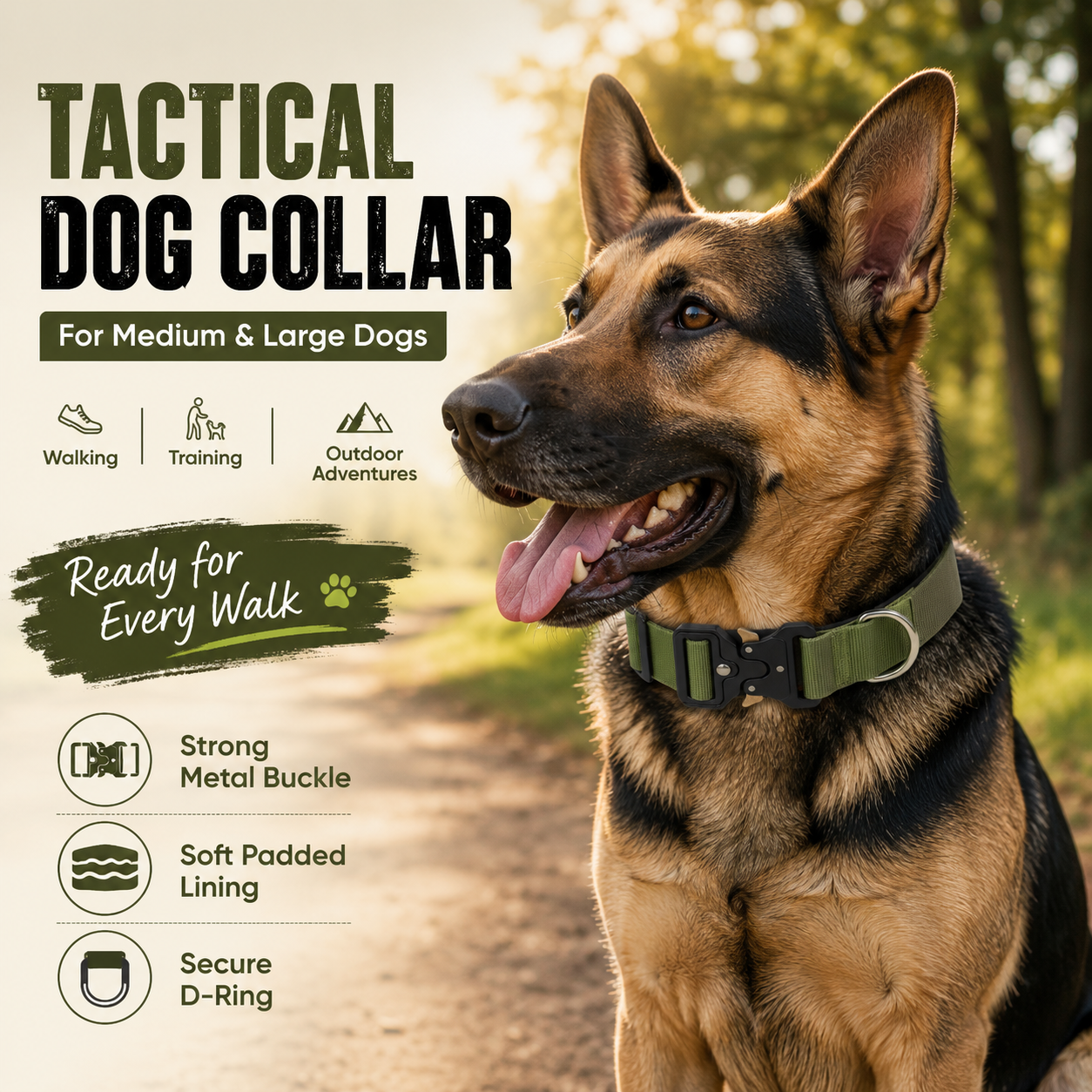Green Tactical Dog Collar for Large Dogs (L size)- Wide Padded Nylon Collar with Quick Release Metal Buckle, Control Handle and D-Ring for Walking and Training
