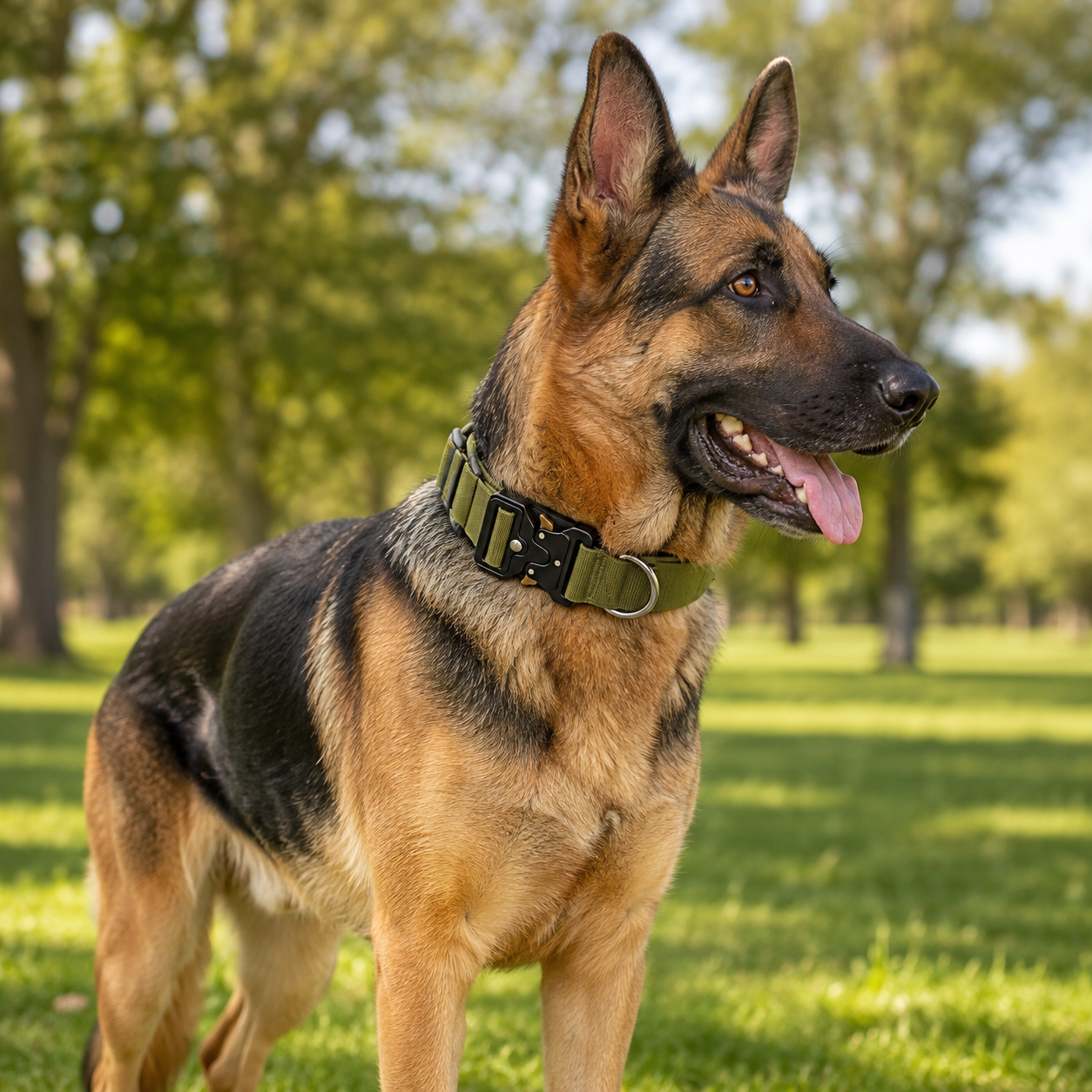 Green Tactical Dog Collar for Large Dogs (L size)- Wide Padded Nylon Collar with Quick Release Metal Buckle, Control Handle and D-Ring for Walking and Training - view 2