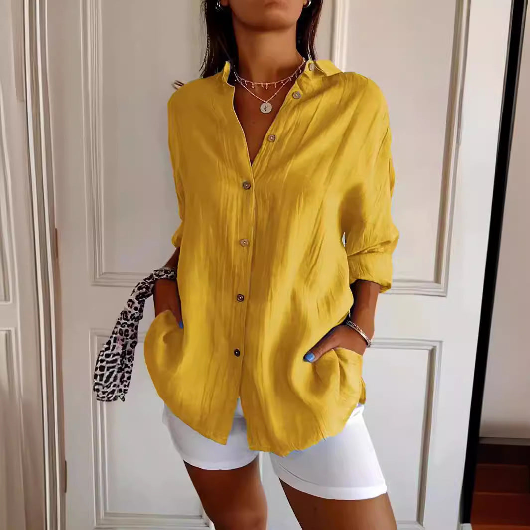 Lapel Long Sleeve Shirt Womens Single-breasted Pleated Shirt Tops - view 2
