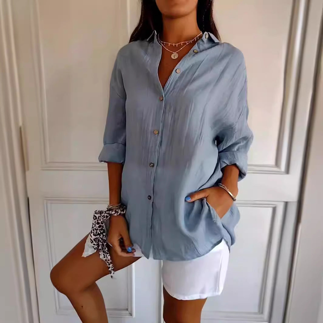 Lapel Long Sleeve Shirt Womens Single-breasted Pleated Shirt Tops - view 4