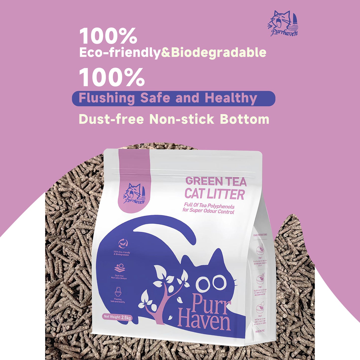 PurrHaven Green Tea Clumping Cat & Kitty Litter, 15kg (6 Pack),Dust Free,Natural Flusable,Easy to Clean,Odour Neutraliser,Rapid Liquid Absorption,Non-Toxic Formula - view 3