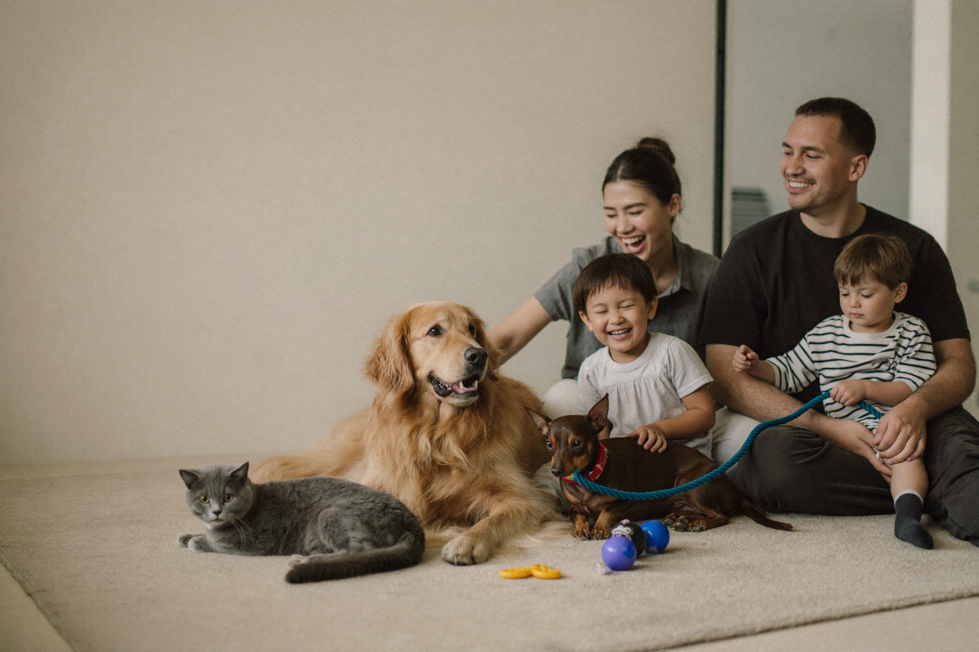 Family relaxing on a living room rug with their golden retriever, dachshund and cat